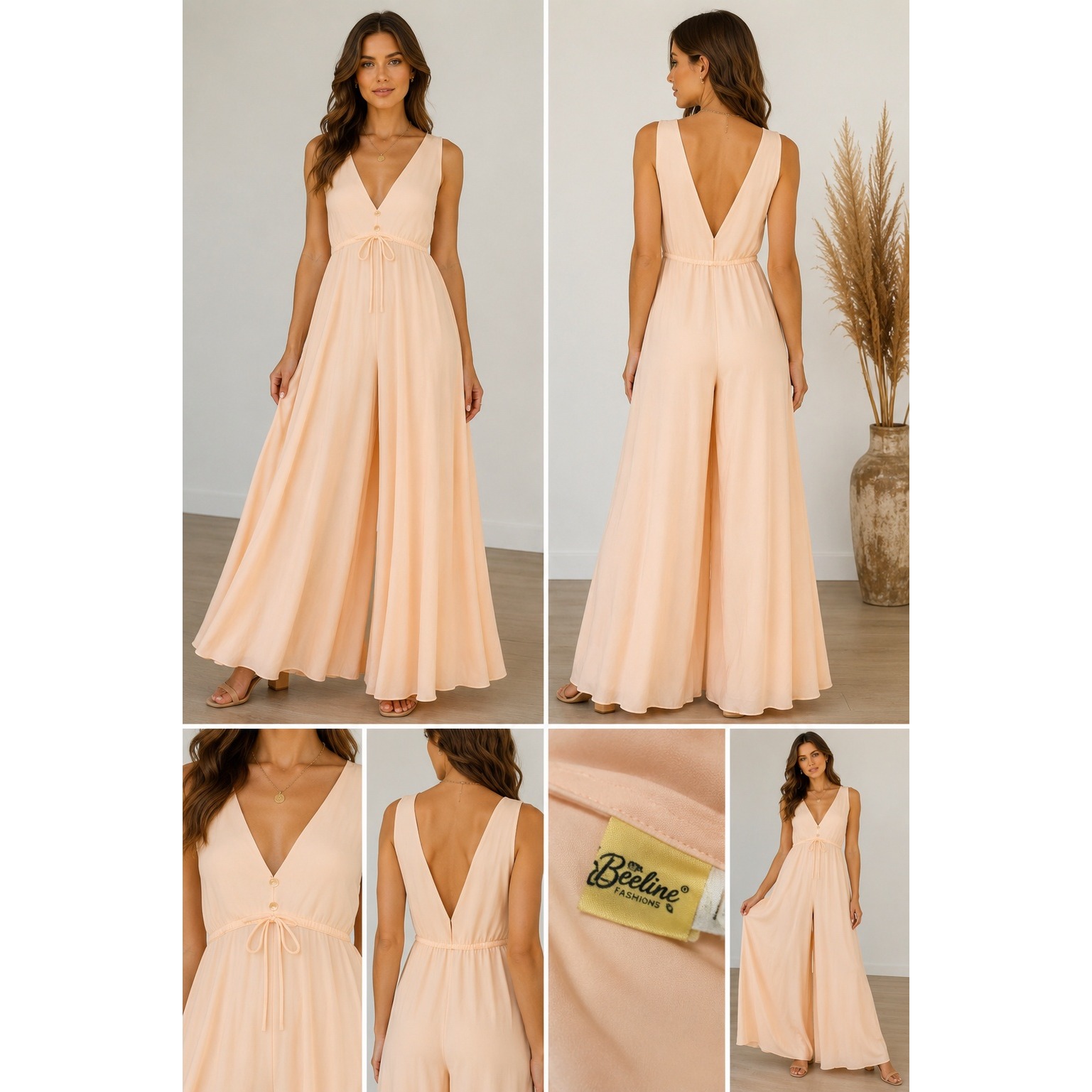 Stunning Vtg 70s Beeline Fashions Peach Palazzo Jumpsuit Wide Leg Empire Waist
